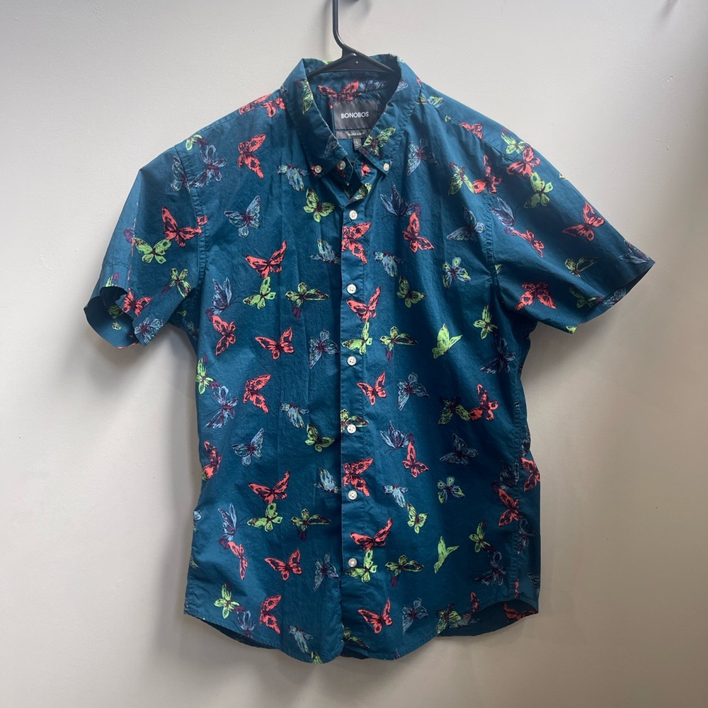 Bonobos Riviera Teal Shirt with Multicolor Butterfly Print